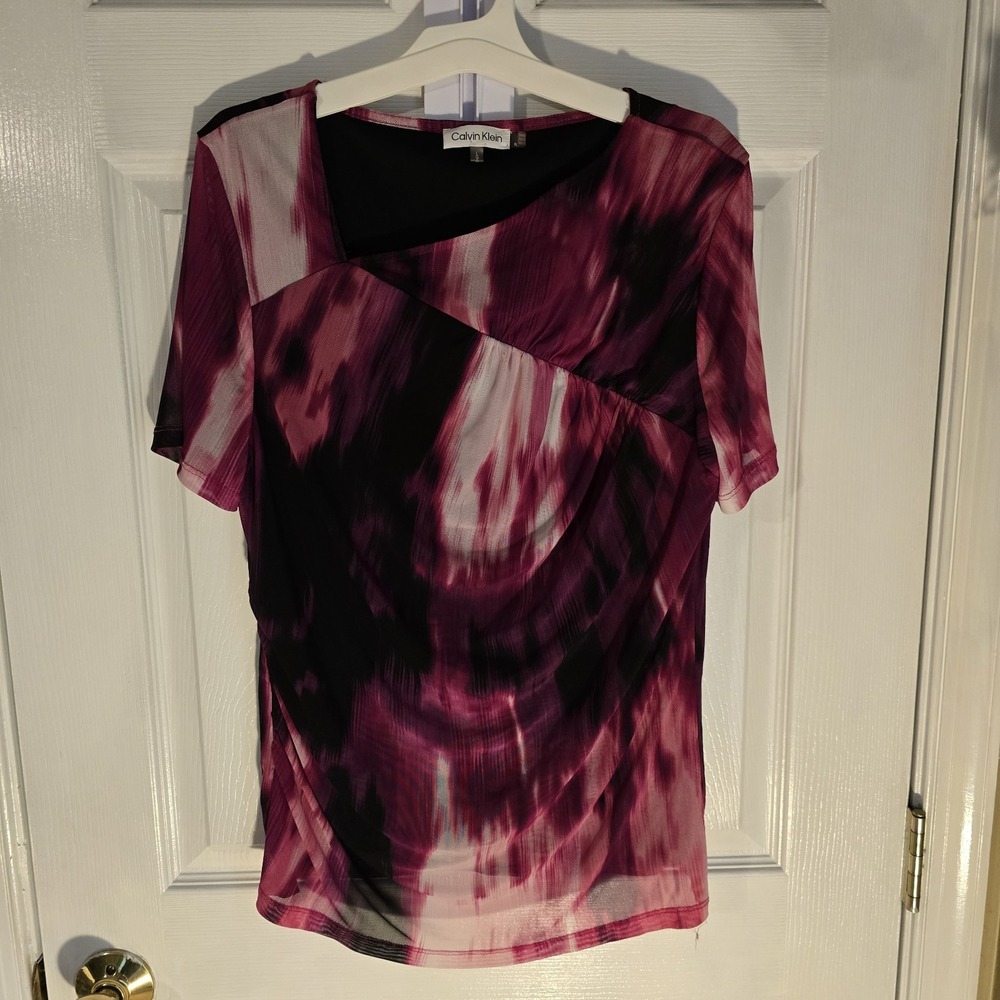 Calvin Klein Womens Pink Abstract Mesh Ruched‎ Asymmetric Neck Blouse Large